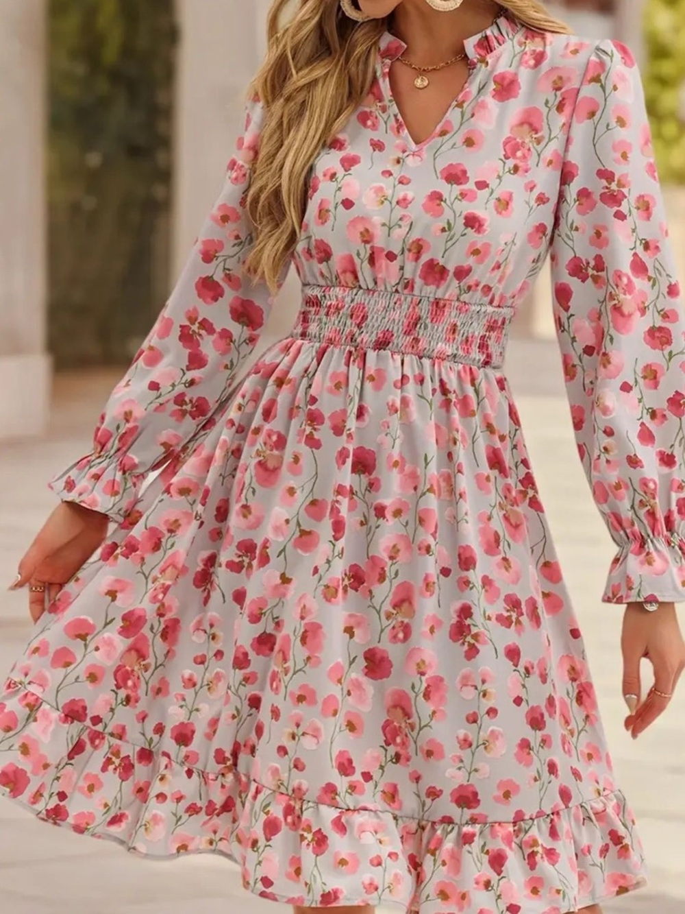 Smocked Waist Pink Floral Long-Sleeve Dress